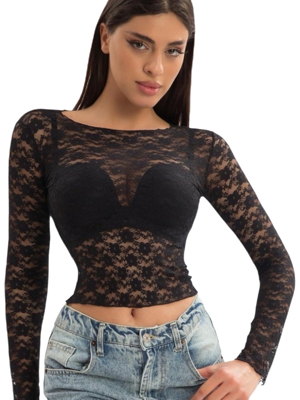 Lace Long Sleeve Cropped Top in Black Womens L